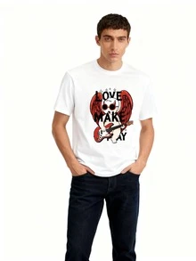 Camisetacortamangaconestampadadiablinoconguitarraredytextolo vemakehappyestilorockandrolldivertidoyrebeldeidealparasalida deociofiestasveranoDíadelaindependenciademéxicotelasuaveytanspirable - Blanco - Ver 2