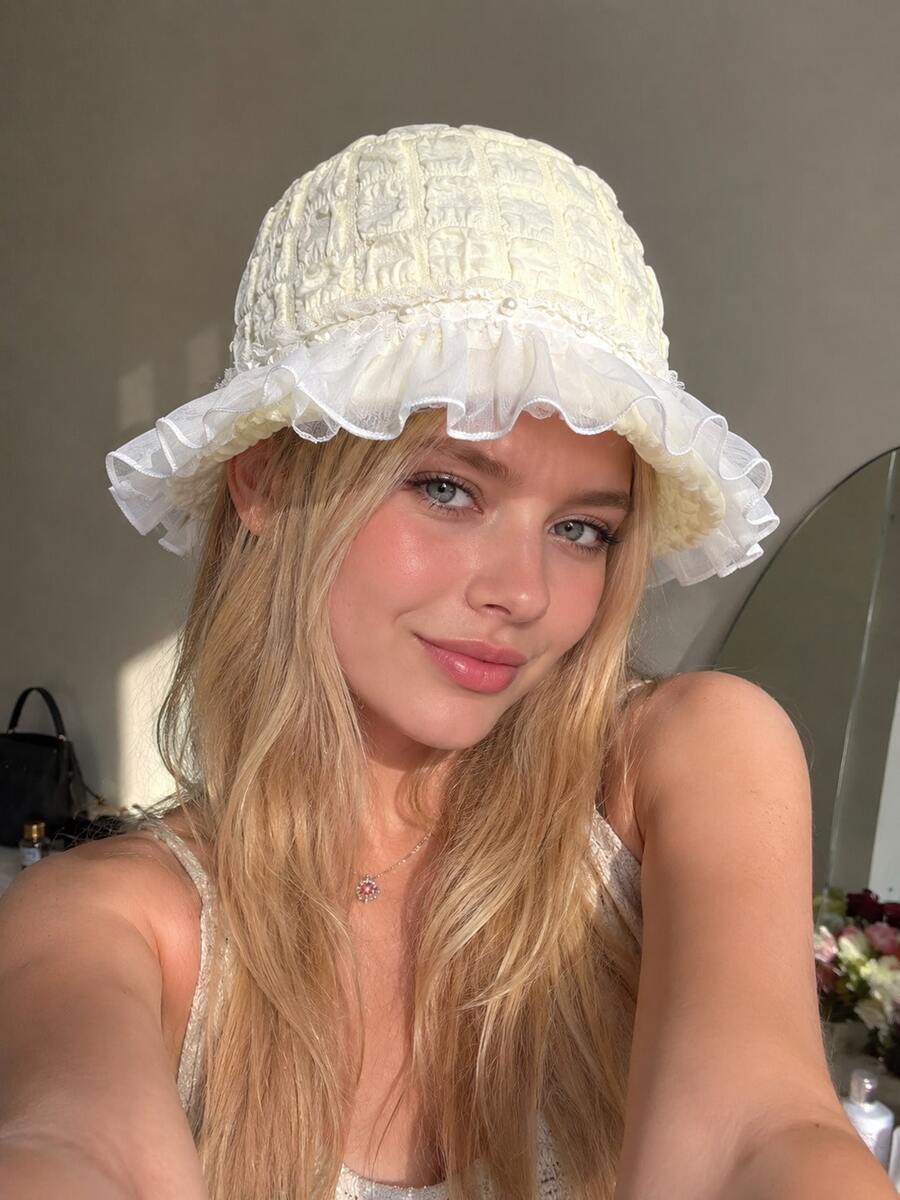 1 pièce Chapeau seau élégant à volants pour femmes, chapeau de soleil en jacquard floral avec bordure de perles, chapeau d'été léger et respirant, convient pour les voyages, la plage et le port quotidien - A - Voir 1