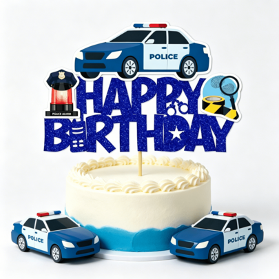 1套警車主題生日紙製蛋糕裝飾插牌，藍色亮片警車主題蛋糕裝飾，包含警車、警笛帽、手銬和指紋圖案，警車主題生日派對蛋糕裝飾插牌，中性款