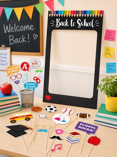 29pcs Back To School Photo Prop Set, Colorful School Theme Handheld Photo Frame Props With Paper Cutouts And Wooden Sticks, Classroom Party Decoration, Teacher Supplies, First Day Of School Activity Photo Accessories