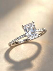 1 chiếc nhẫn cưới/đính hôn hình vuông bằng bạc Sterling S925 đính đá Cubic Zirconia, món quà trang sức thanh lịch và sang trọng để đeo hàng ngày dành tặng nàng. - Bạc - Xem 5