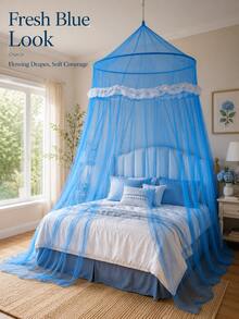 1pc Princess Royal Bed Canopy Mosquito Net, Solid Color, Lace Trim Round Dome Hanging Style, Lightweight Polyester Mesh, Mosquito Protection & Decorative Privacy, Fits Full Queen & Dorm Beds, Back To School College Dorm Bedroom Essential - B - View 8