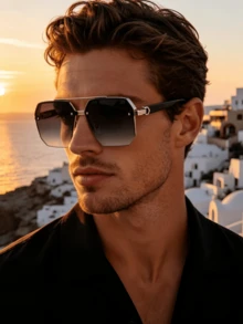 1 Pair Men's Square Double Bridge Aviator Sunglasses, Cool Metal Texture, Stylish UV Protection, Personalized Fashion, Suitable For Daily Wear, Vacation And Travel - Black, Silver, and Gray - View 4