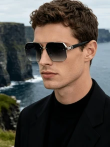 1 Pair Men's Square Double Bridge Aviator Sunglasses, Cool Metal Texture, Stylish UV Protection, Personalized Fashion, Suitable For Daily Wear, Vacation And Travel - Black, Silver, and Gray - View 5