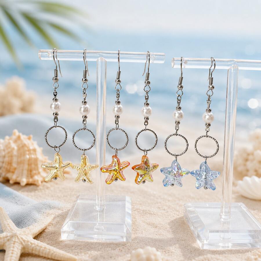 1pr Starfish Dangle Earrings | Beach Wave Shell Drop Earrings | Summer Boho Statement Jewelry