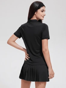 KyrLssu 女款素色短袖休閒健身戶外 Polo 衫，休閒工作短袖領口高爾夫 Polo 衫，戶外 Polo 衫與 T 恤 - 黑色 - 查看 3