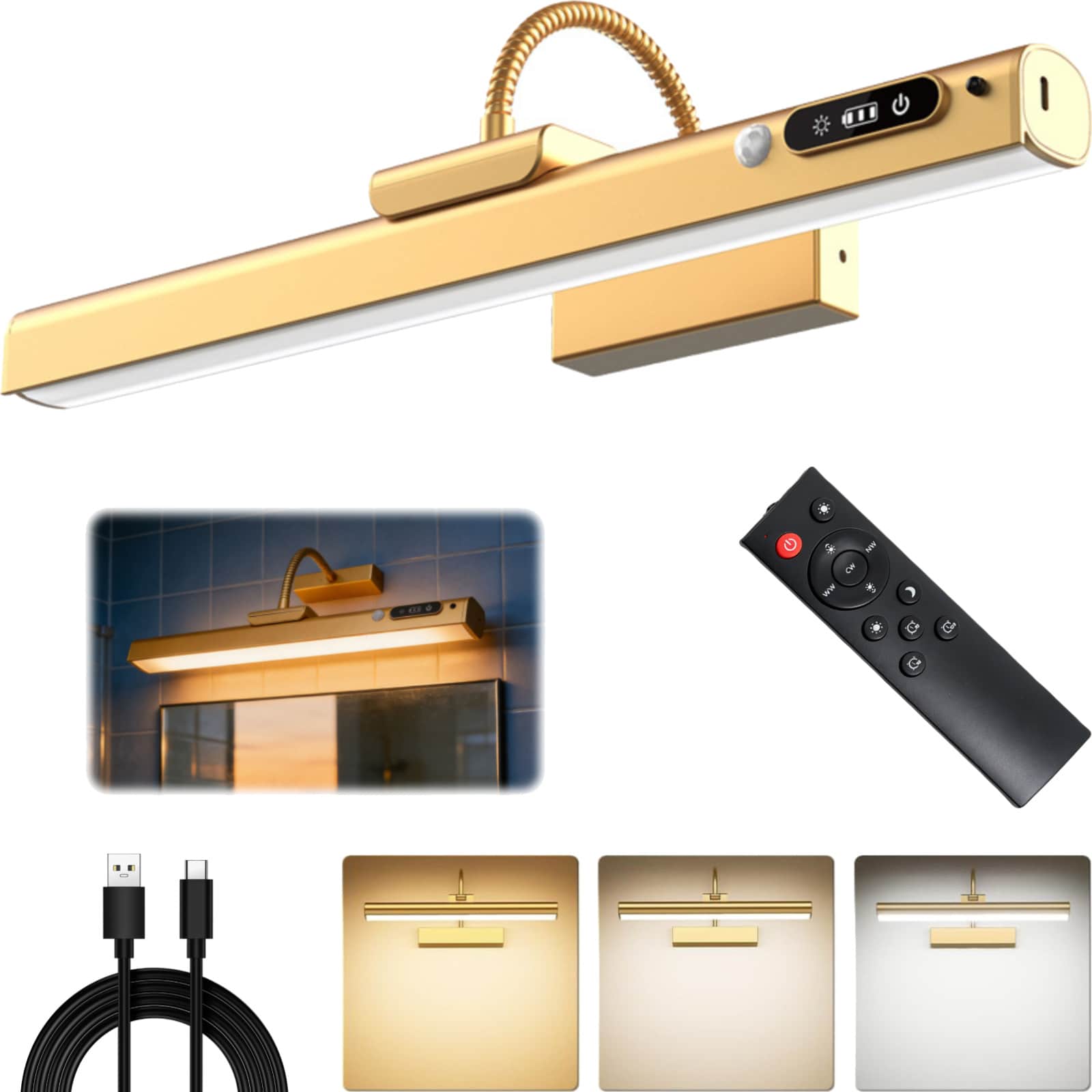 40cm Magnetic Wall Picture Light With Adjustable Color Temperature And Brightness, Rechargeable 10w LED With Remote Control For Paintings, Posters, Mirrors, Portraits - Gold - View 1