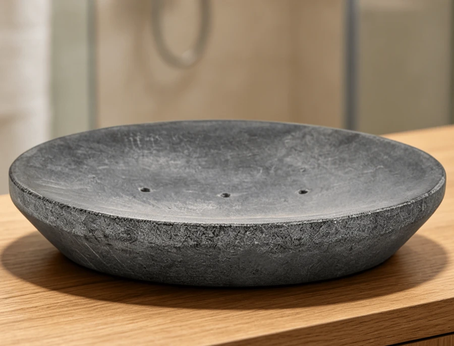 Graue Seifenschale aus Stein mit Abflussloch, geeignet als Badaccessoire für Waschbecken, Badewannen und Duschkabinen, Maße: 12 * 10 cm - grau - Übersicht 1