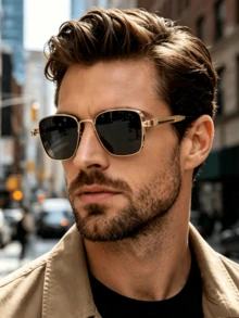 1 pièce Lunettes de soleil décoratives à monture carrée vintage, style Y2K avec protection UV pour hommes, convient pour l'été, la plage, les voyages, les fêtes, le port quotidien, la photographie, en cadeau - or gris complet - Voir 7
