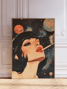 1幅装裱帆布墙画，复古太空吸烟女郎海报，宇宙嬉皮士科幻海报，现代复古风格，适用于家居、办公室、卧室、客厅、厨房、浴室，卡通设计，春季生日毕业礼物 - 彩色 - 查看 1