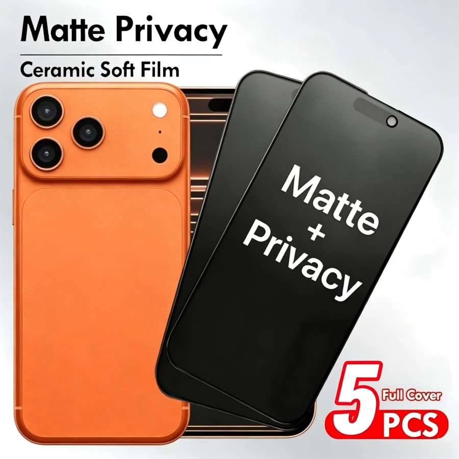 Yezodawee 5pcs/Pack Ceramic Matte Privacy Screen Protector, Compatible With IPhone 17 Pro Max/17Pro/15 Pro Max/14 Pro Max/16 Plus And More Models, Soft Material, Full Coverage Privacy/Anti-Glare/Anti-Fingerprint, Compatible With Phone Cases - Black - View 1