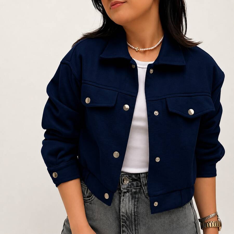 Women's Short Jacket With Long Sleeves And Buttons, Thick, Warm, And Soft Wool - Navy Blue - View 1