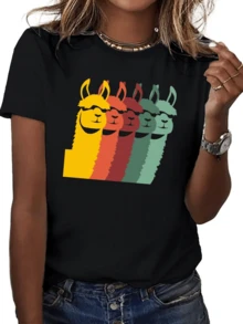 Colorful Llamas Wearing Sunglasses Represent Joy, Vitality, Fun, And Andean Nature On This Modern Women's T-Shirt - 黑色 - 查看 6