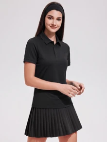 KyrLssu 女款素色短袖休閒健身戶外 Polo 衫，休閒工作短袖領口高爾夫 Polo 衫，戶外 Polo 衫與 T 恤 - 黑色 - 查看 2