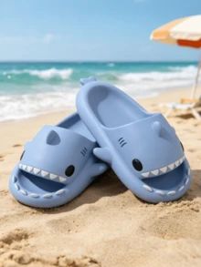 Neue Haifisch-Design Unisex Hausschuhe, weiche bequeme Sommer-Paar Schuhe, modische EVA Strand Sandalen für den Urlaub, praktische Dusch Hausschuhe für Zuhause, einzigartiger lustiger Stil - Blau - Übersicht 2
