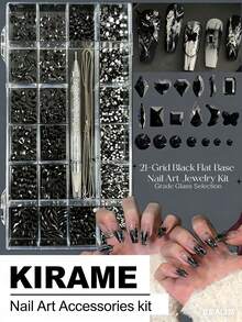 KIRAME 21-Grid DIY Nail Art K9 Glass Black Flat Back Rhinestone Set - 30 High-Gloss Rhinestones Per Grid, Includes 1 Rhinestone Pen, Nail Gems, Nail Salon, Home Manicure, Nail Supplies, Christmas, Summer And Travel Nail Art, Holiday Gift Nail Charms - Black - View 4