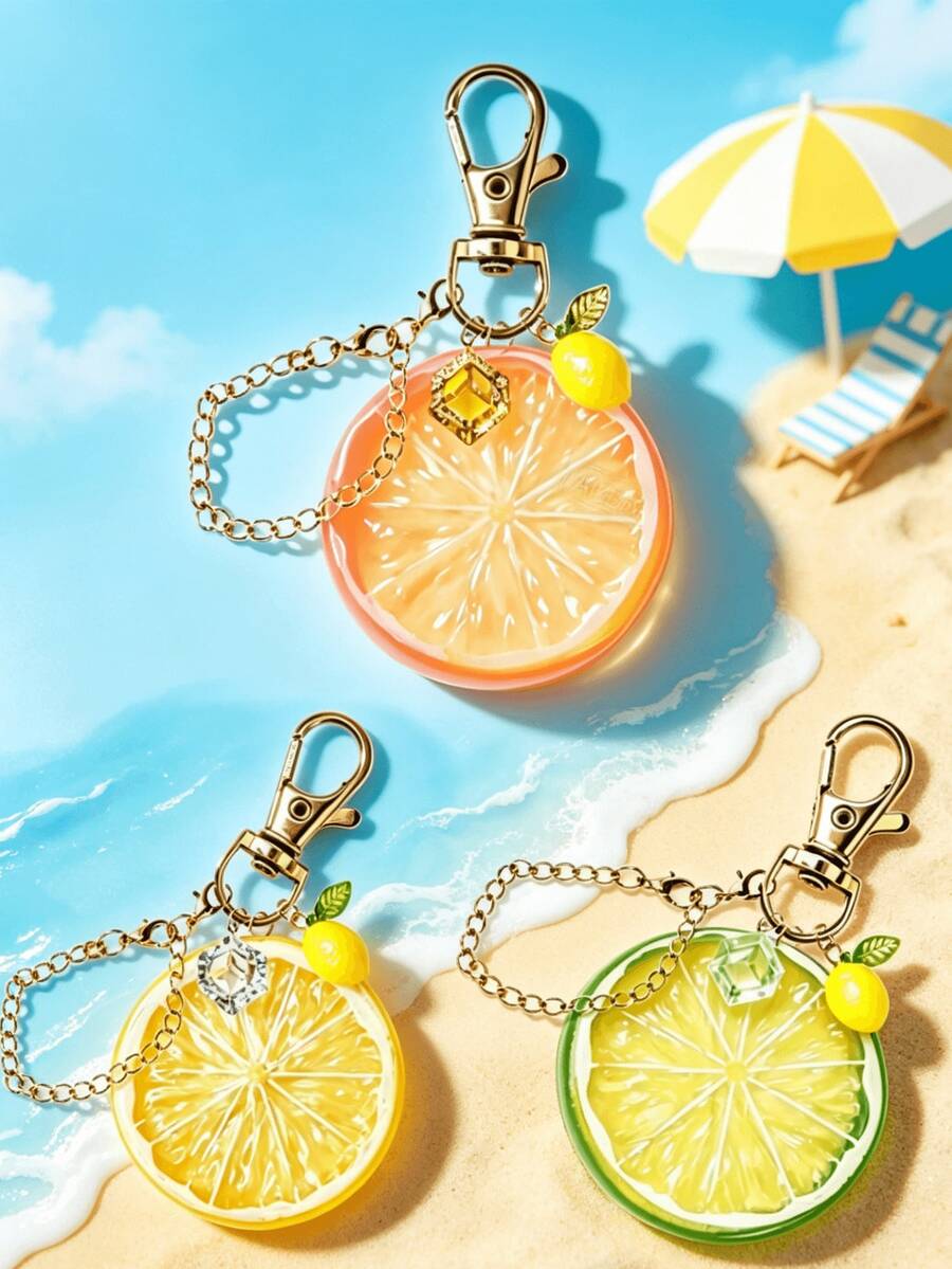 檸檬片與透明冰塊造型金屬鑰匙圈 - 夏季海灘主題多吊飾，夏季水果，透明掛飾，適合背包、車鑰匙，完美適用於海灘旅行、夏季假期、日常出遊和旅行，女性、女孩、水果與海灘愛好者、時尚愛好者的理想禮物，可搭配編織包、草編包、帆布包，完美夏季度假穿搭，適合復活節、生日、畢業、情侶