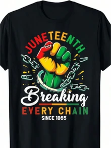 1 pieza de camiseta negra para hombre con estampado de cadena de puño de Juneteenth, camiseta unisex casual de cuello redondo, ropa de hombre de talla grande 5XL, tela de punto ligera de 220 - Negro - Ver 1