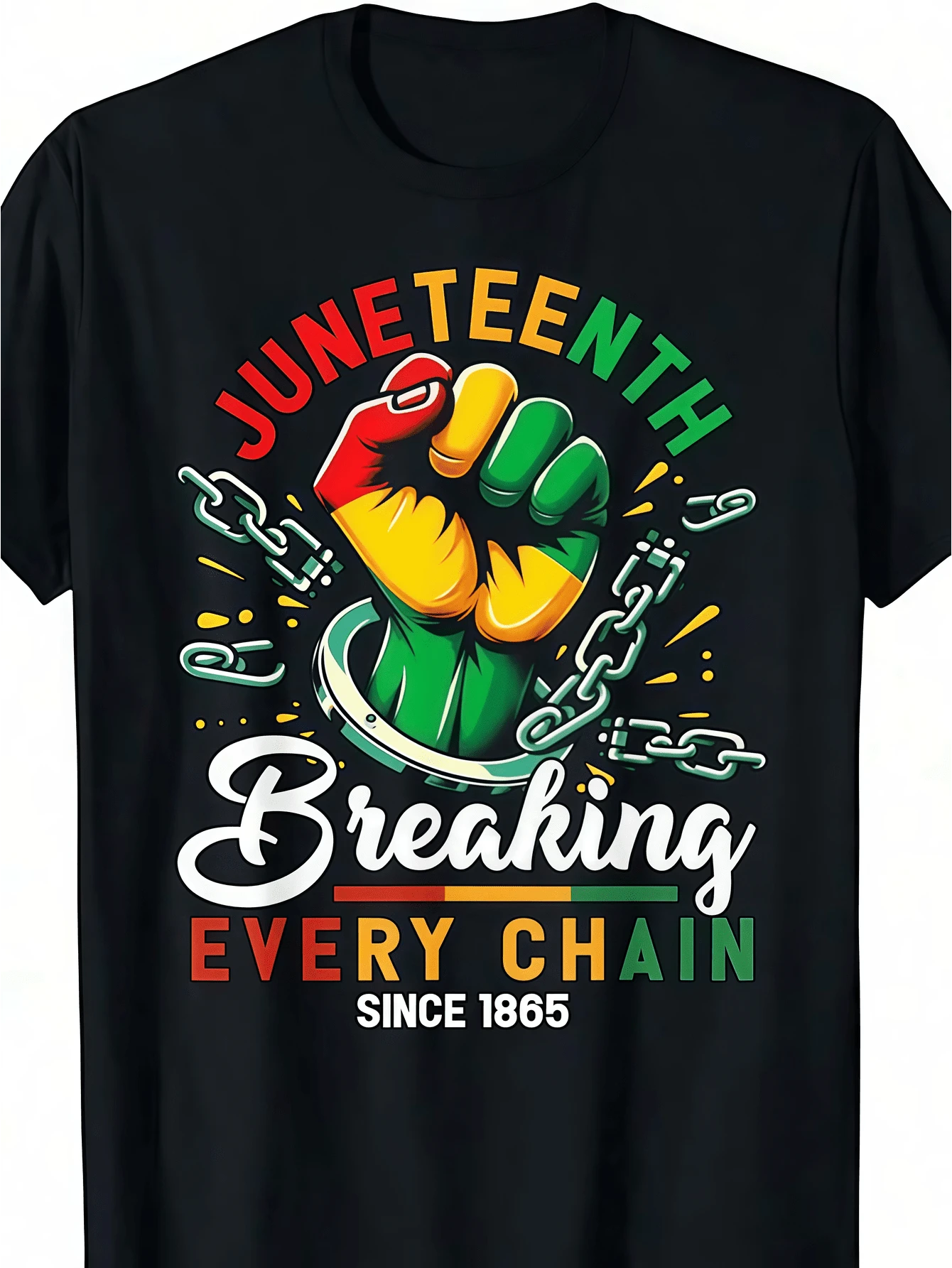 1 pieza de camiseta negra para hombre con estampado de cadena de puño de Juneteenth, camiseta unisex casual de cuello redondo, ropa de hombre de talla grande 5XL, tela de punto ligera de 220 - Negro - Ver 1