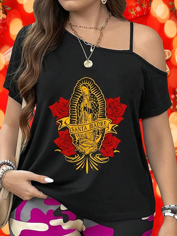 Women'S Asymmetric Single Strap TShirt _ Celebrating Our Lady Of Guadalupe, Elegant And Casual, Suitable As A Holiday Gift