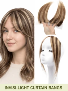 Curtain Bangs Invisi-Light Human Hair Face-Framing Lace Side Bangs Natural Straight Hair Fringe No Clip-In Hair Extensions Forehead Coverage Brown/Blonde Suitable For Daily Wear, Party Quick Hairstyle Change Seamless Breathable - Multicolor - View 15