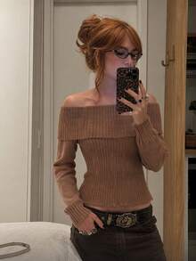 Nuevo suéter de punto regular con hombros descubiertos, unicolor, textura, para mujer, tipo pullover, para regreso a clases, fiesta, primavera, verano, otoño e invierno - Camel - Ver 5