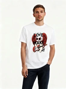 Camisetacortamangaconestampadadiablinoconguitarraredytextolo vemakehappyestilorockandrolldivertidoyrebeldeidealparasalida deociofiestasveranoDíadelaindependenciademéxicotelasuaveytanspirable - Blanco - Ver 1