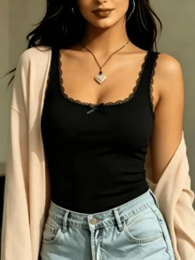 2件装蕾丝边蝴蝶结装饰加厚吊带背心，女士 - 彩色 - 查看 10