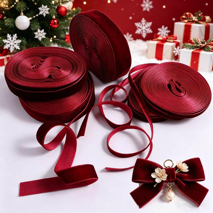 3/8 Inch X 5 Wine Red Flocked Ribbon, 10mm/15mm/20mm/25mm Perfect For Gift Wrapping, Christmas And Wedding Decorations, DIY Bows, Hair Accessories, Sewing Crafts And Party Decorations - Multicolor - View 1