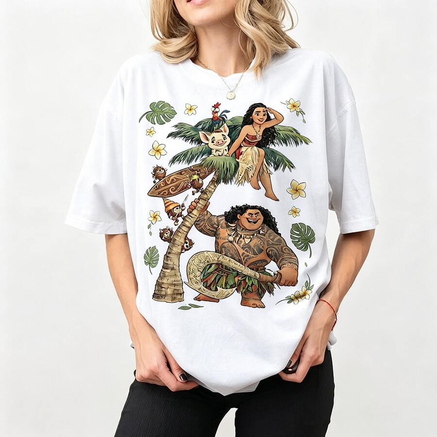 (Loose Version)Retro Moana And Maui Shirt, Moana Princess Pua Hei Hei Tee, Disney Family Vacation Shirt, Disney Trip Princess Shirt - White - View 1