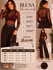 Transparent Tulle Blouse With Mock Collar, Long-Sleeved Tulle Blouse, Stretch Knit Fabric, No Bra, Modern, Elegant, Premium. - 摩卡棕 - 查看 7