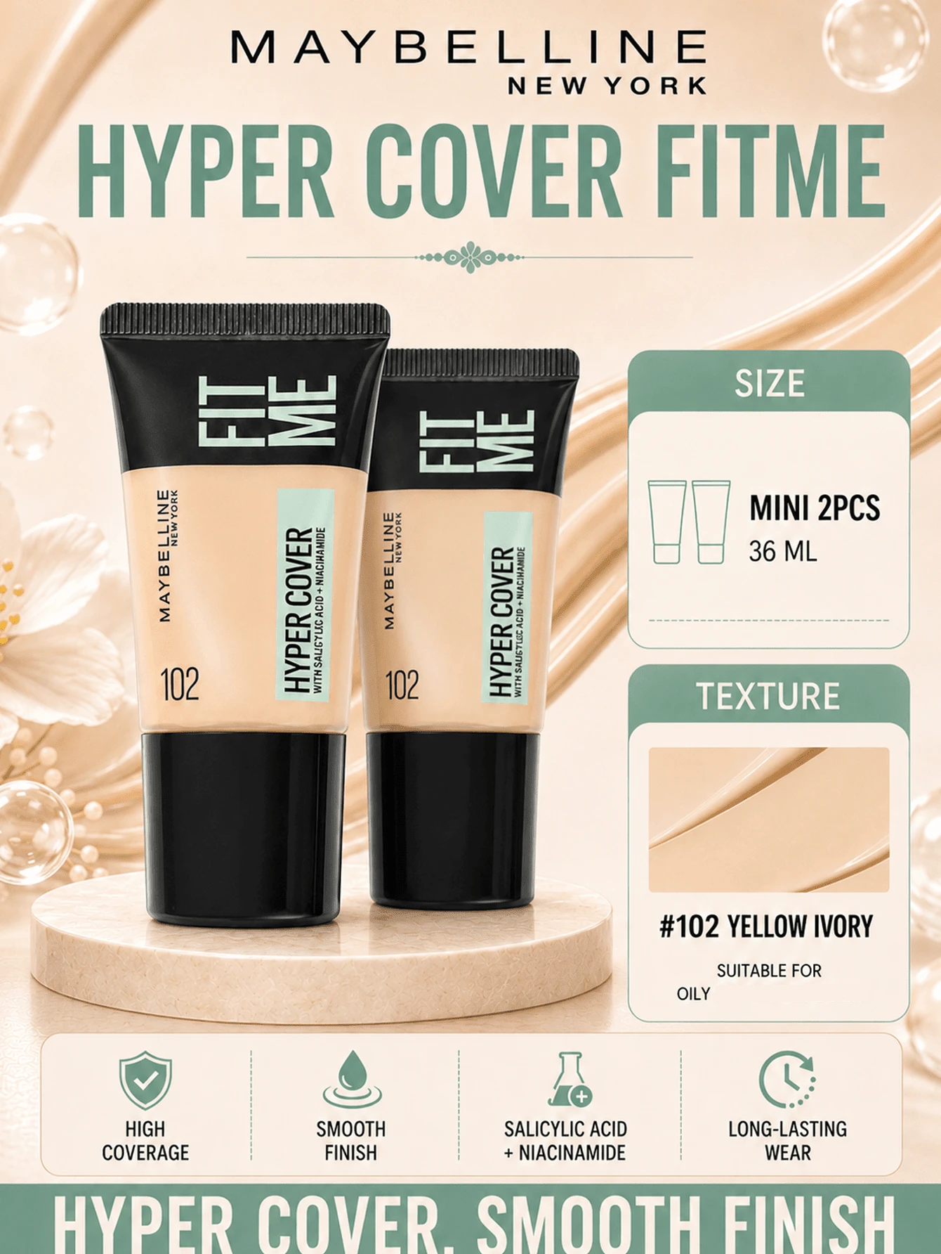 Maybelline 美寶蓮訂製粉底液無瑕版 102 ，18ml*3pcs，添加水楊酸與菸鹼醯胺，控油細膩膚質，質地輕薄服貼文。高遮瑕力輕鬆遮蓋痘印、泛紅瑕疵，反覆疊塗不厚重，打造柔霧霧面妝面。長效持妝防暗沉，黃皮日常底妝優選，通勤、油皮上妝適配。