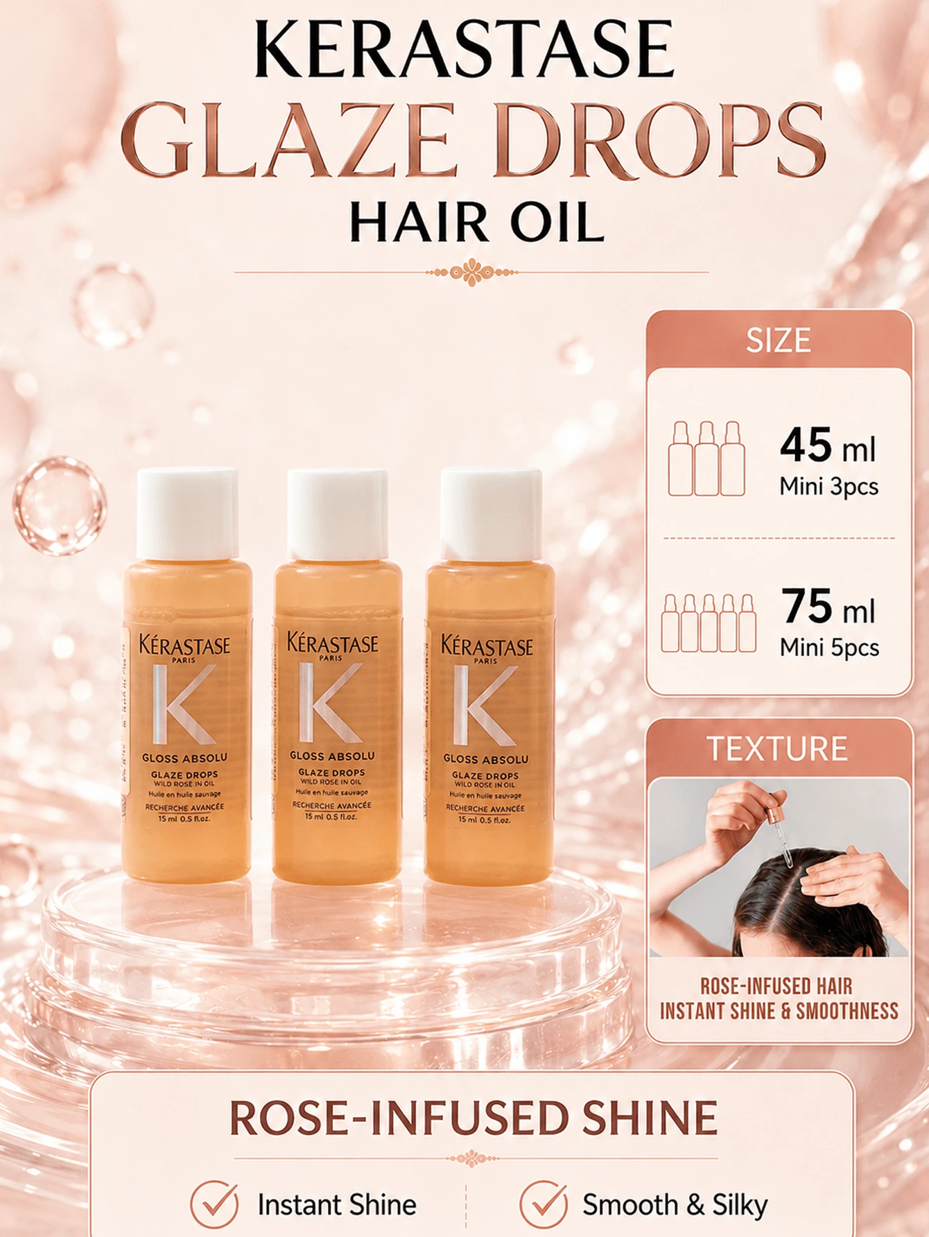 Kérastase Elixir Ultime Rose Hair Oil, 15ml Sample, 3pcs, Shiny & Smooth, Long-Lasting Frizz Control, Designed For Dry/Frizzy Hair