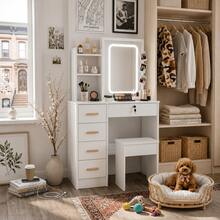 2-In-1 White Vanity Desk Set With LED Lighted Mirror & Stool, 5 Drawers, Lockable Drawer, Hidden Storage Shelves, Makeup Vanity Table For Bedroom, Gift For Women & Girls - White - View 5