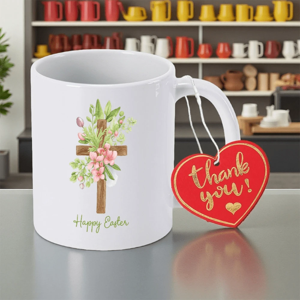 Taza de café de cerámica con cruz floral Feliz Pascua Regalo religioso Taza de cerámica Taza cristiana con cruz floral Taza de café Regalo espiritual - Blanco - Ver 1