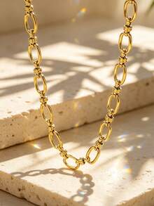 VceTd 1 pièce Collier chaîne en acier inoxydable de style hip-hop à la mode avec design de chaîne entrelacée pour femmes, convient pour le port quotidien, les trajets, les sorties de vacances, les rendez-vous, le thé de l'après-midi, ou comme cadeau de vacances pour les femmes ou les êtres chers - Or jaune - Voir 9
