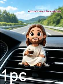 1pc 2D Acrylic Jesus Figurine, Car Air Vent Clip, Funny Jesus Holding Coffee Cup Design, Cute Cartoon Style, Flat Ornament, Suitable For Car Air Vent, Home Office Desk Decor, Car Interior Decoration Accessory, Autumn Decor - Multicolor - View 4