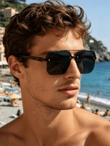 1 Pair Men's Square Double Bridge Aviator Sunglasses, Cool Metallic Texture, Stylish UV Protection, Fashionable Personalized, Suitable For Daily Use, Vacation And Travel - Black and Gray - View 5