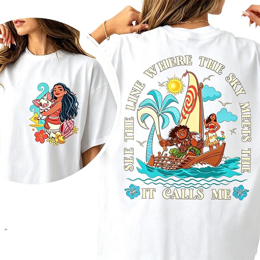(Loose Version)Disney The Sea It Calls Me Moana Shirt, Moana And Maui Shirt, Ocean Map Disneyland Tee, Funny Magic Kingdom, Disney Family Trip - 白色 - 查看 1