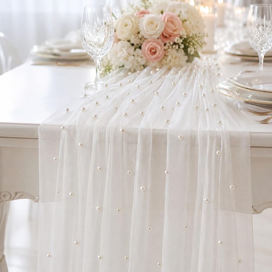 Pearl Tulle Table Runner, Elegant Sheer Mesh Table Decor For Wedding, Party, Bridal Shower & Romantic Dining Setup - Dark Green Pearl Mesh - View 1