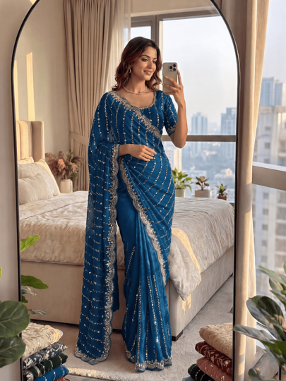 Estationeryhouse Organza Shimmer Saree With Heavy Gold Embroidery With Unstitched Blouse Pc