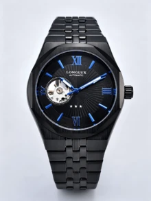 LONGLUX 1 Stück Herren Automatik-Mechanik-Uhr mit Cut Out römischen Mischzifferblatt, Luxus-Business-Stil Armbanduhr aus Stahl, geeignet für den täglichen Gebrauch und als Urlaubsgeschenk - Schwarz - Übersicht 3