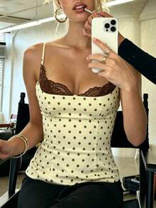 Women Polka Dot Y2K Cami Top Lace Trim Spaghetti Strap Tank Top Fairy Backless Dot Print Going Out Camisole - 黃色 - 查看 2
