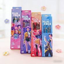 12支 Huntes 女團卡通鉛筆附削鉛筆器，返校新年學生書寫用品，高 CP 值書法筆，桌面裝飾收藏品粉絲禮物 - 彩色 - 查看 3