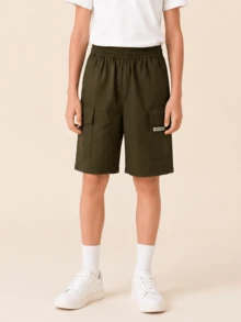 Balabala Boys' Khaki Shorts, Children's Summer Loose Mid-Length Casual Practical Cargo Pants, Outdoor Daily Wear Travel Street Style Comfortable - Olive Green - View 3