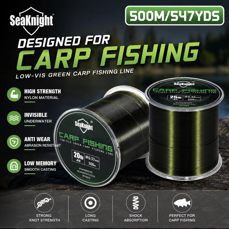 SeaKnight 500m/547yd 超強韌鯉魚釣線,0.26mm-0.40mm 4.54kg-11.34kg 尼龍單絲釣線,多種強度可選,水下隱形,鯉魚釣魚必備 - 墨綠色 - 查看 1