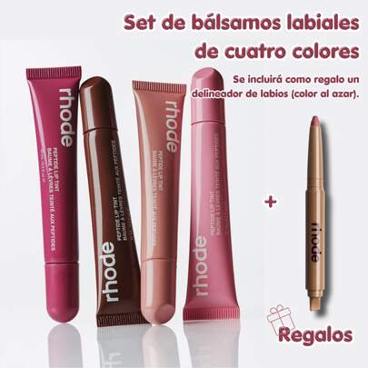 RHODE los tintes labiales de péptidos Set de brillo labial con color Hailey,Bálsamo labial clásico de cuatro colores,Size: 10ml / 0.3 fl.oz.each,cuidado de los labios Hidratado y brillante,Se incluirá un delineador de labios como regalo (el color será aleatorio)..ribbon/toast/raspberry jelly/ espresso
