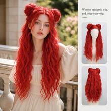 Women's Red Wavy Cosplay Wig - Heat Resistant Rose Net Cap, Long Curly Synthetic Hair, Suitable For Costume Parties And Events - Red - View 2