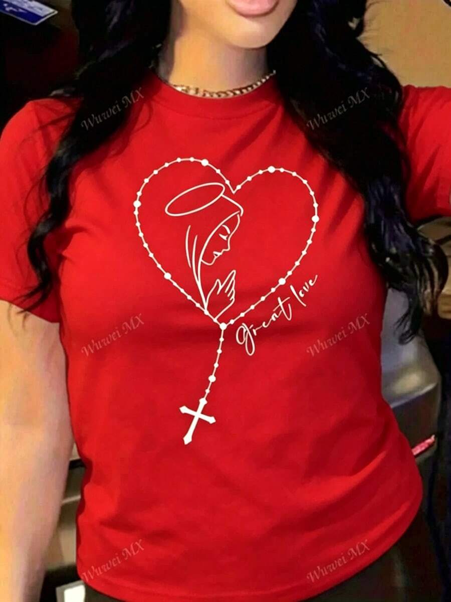 Women's Casual Red Cotton T-Shirt With Virgin Mary And Rosary Heart Print, Short Sleeve Round Neck Regular Fit Top For Everyday Style - 紅色 - 查看 1