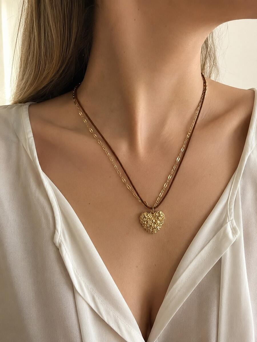 2Pcs Layered Hammered Heart Pendant Necklace, Brown Suede Cord Paperclip Chain, Vintage Boho Minimalist, Adjustable Daily Jewelry For Women - Heart - View 1